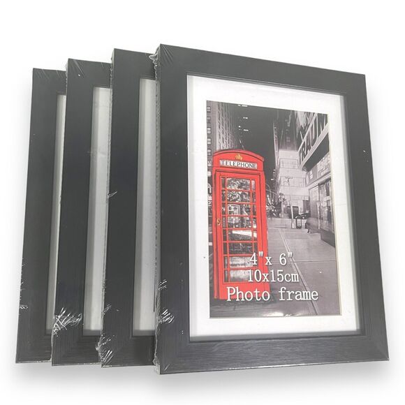 Black Photo Frames - Set Of 4 - 4x6 With Mat 5x7 Without Mat Wall Or Table Mount - Picture 1 of 3